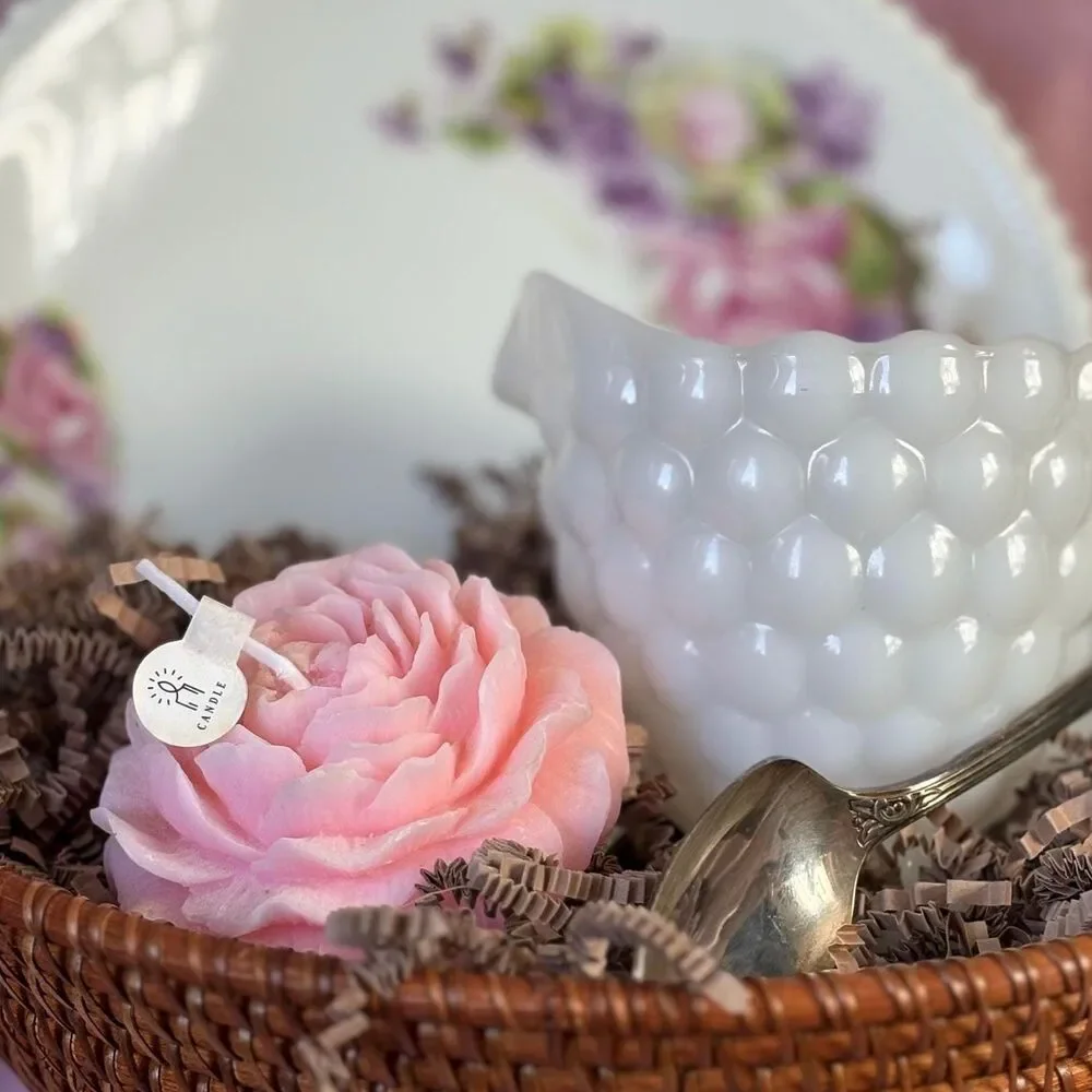 Vintage Milk Glass Creamer Gift Basket – Floral Plate, Pink Rose Candle, Cottage